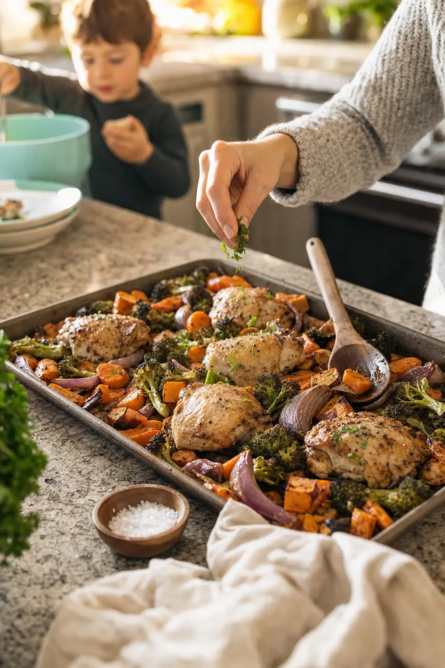 A sheet-pan dinner fresh from the oven